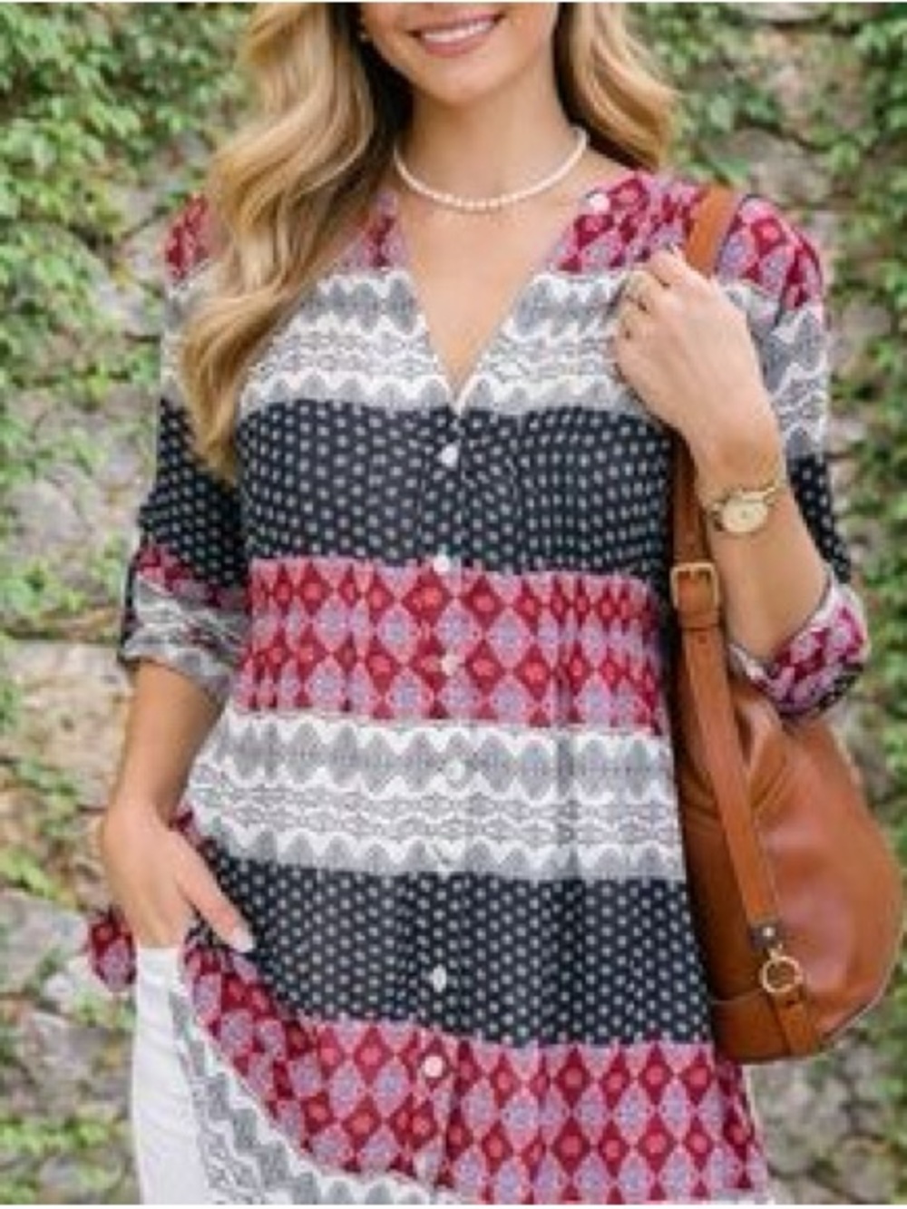 American Rag Red, White and Blue Patterned Button-Front Tunic Size S